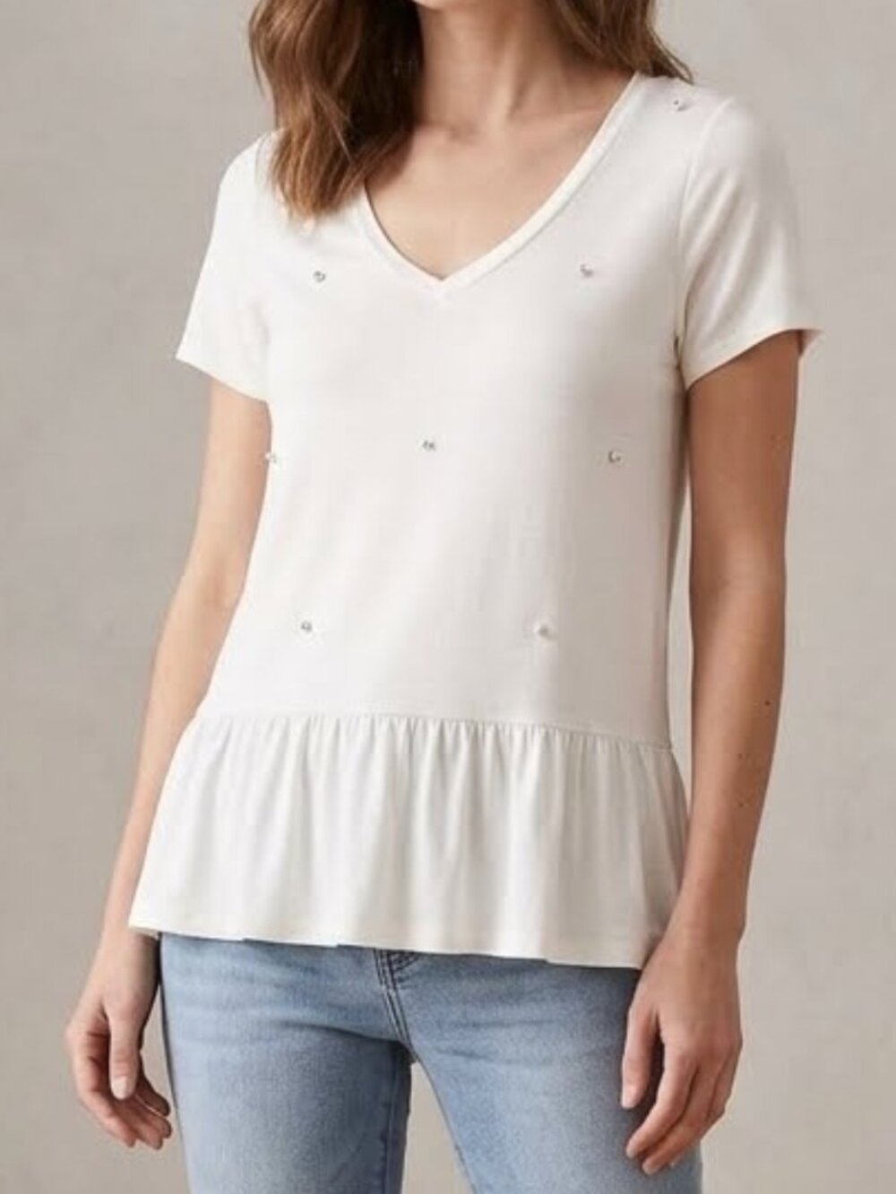Jeanne Pierre White Oversized Short Sleeve V Neck Top with Pearl Beads Size‎ S